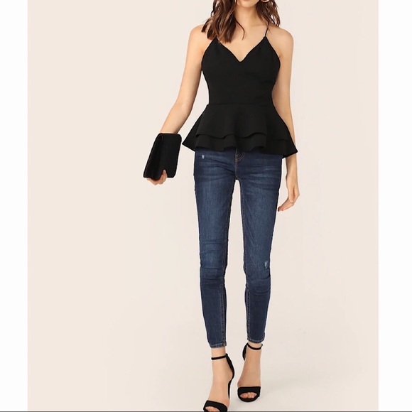 Black Peplum Top with Lace Cutout Back - Picture 4 of 8